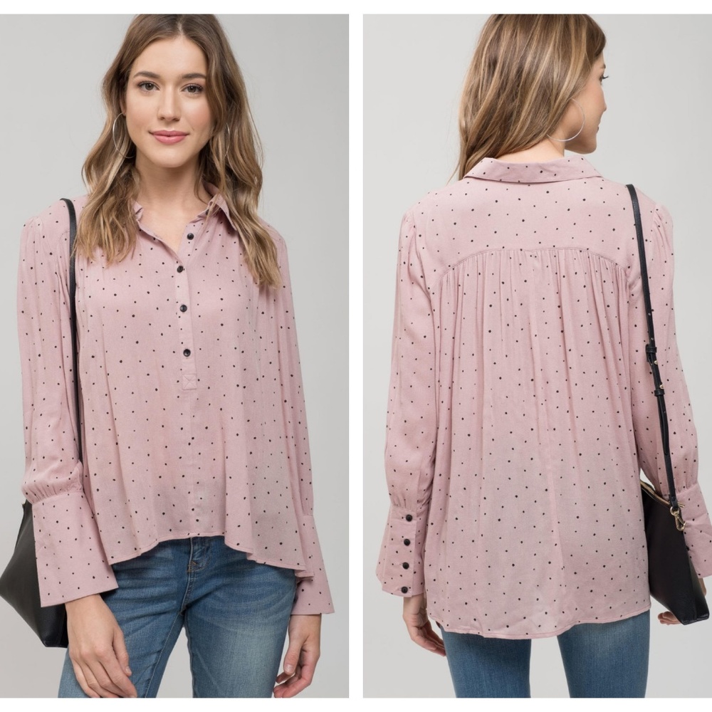 Collared Polka Dot Top with Button Detail Mauve - Picture 2 of 6